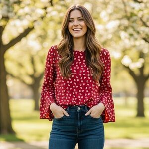 JACK Boutique Women's Medium Red Floral Cropped Blouse Bold Sleeves